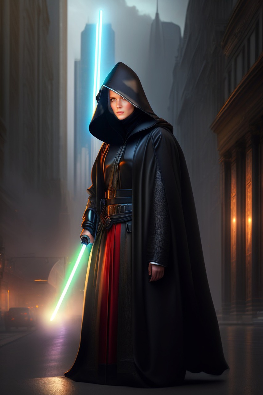 Eine Frau mit Laserschwert kämpft auf der guten Seite der Macht.